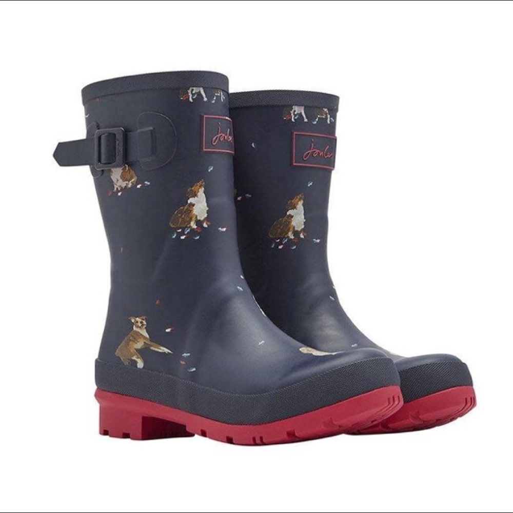 NWT JOULES MOLLY MID HEIGHT RAIN BOOTS FRENCH NAVY DOGS IN LEAVES